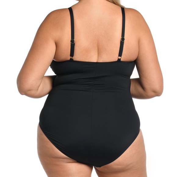 La Blanca Black One Piece Square Neck Neutral Ruched Island Goddess Swimsuit - Picture 5 of 11